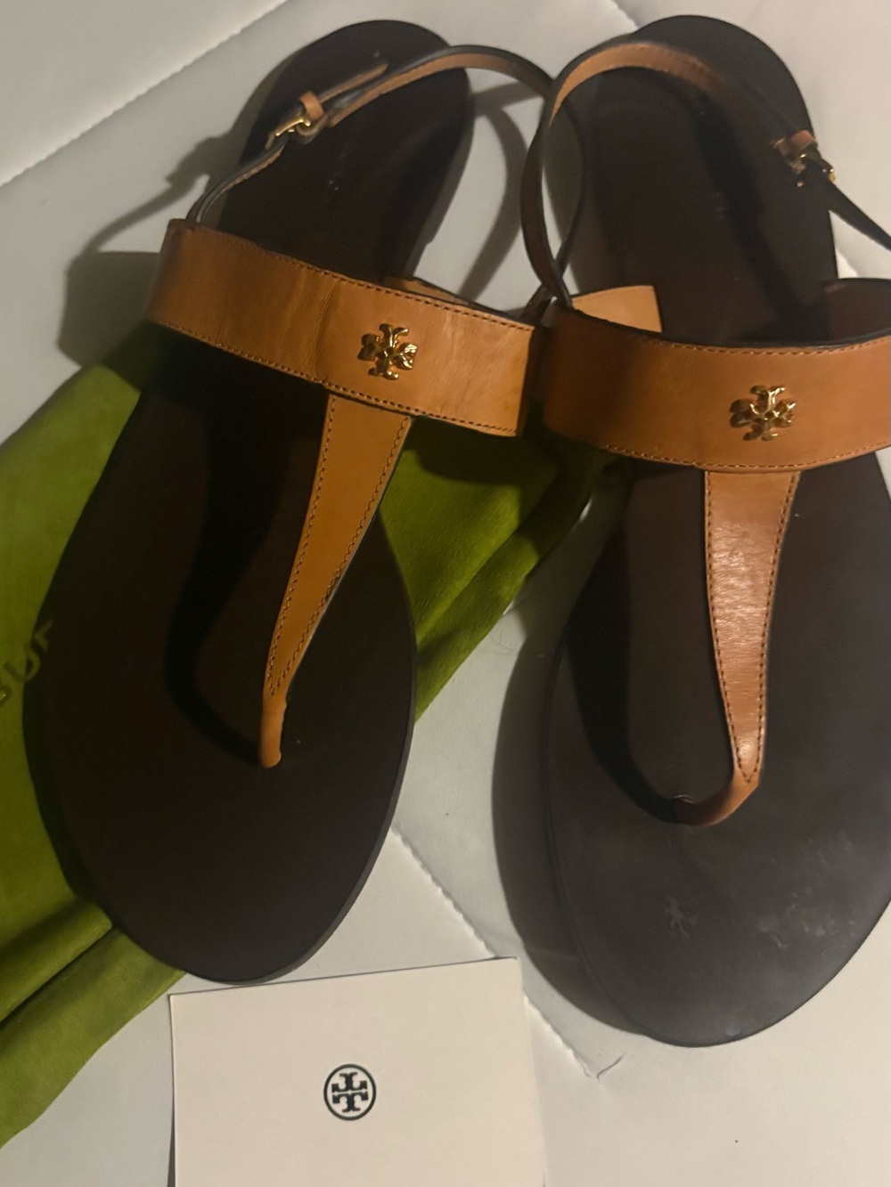 Tory Burch Tan Leather T‑Strap Sandals with Gold Logo